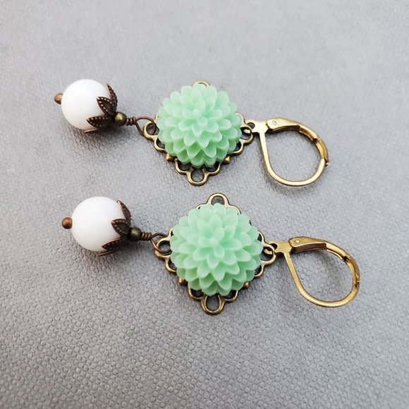 Long Green Floral Cottagecore Earrings. Handmade Jewelry by Michelle Ann - Picture 3 of 5